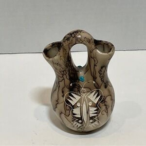 Native American Horse Hair Wedding Vase Pottery by T Vail Jr, Signed,butterfly